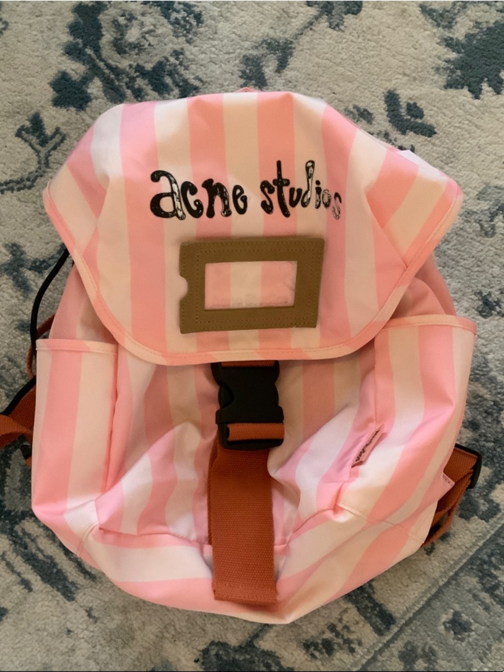 ACNE STUDIOS Pink and White Striped Backpack